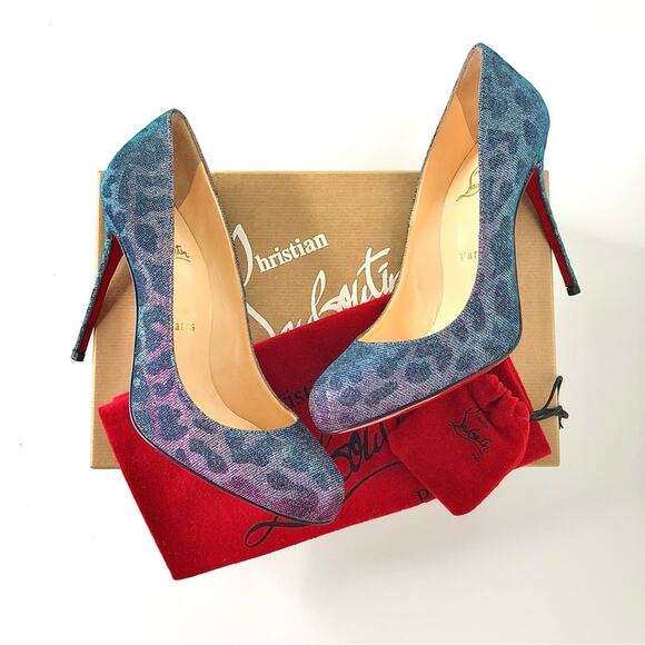 NIB Christian Louboutin Fifi 100 Leopard Print Turquoise Violet Pumps 38.5 - Picture 1 of 10